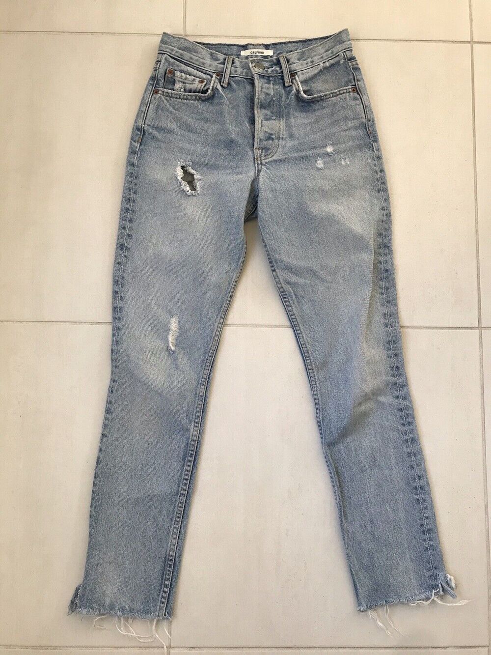 Grlfrnd Karolina High Waist Distressed Cut Off Straight Leg Denim Jeans